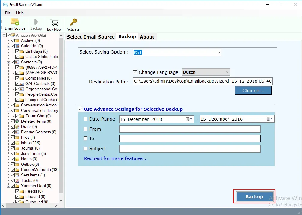 filter in Amazon WorkMail backup tool