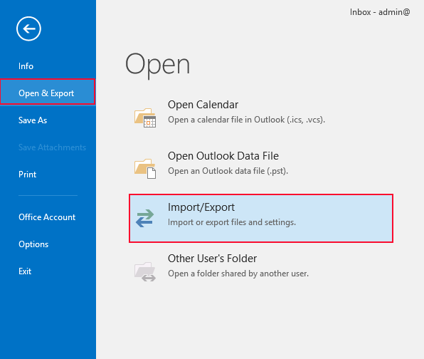 import/export option in outlook