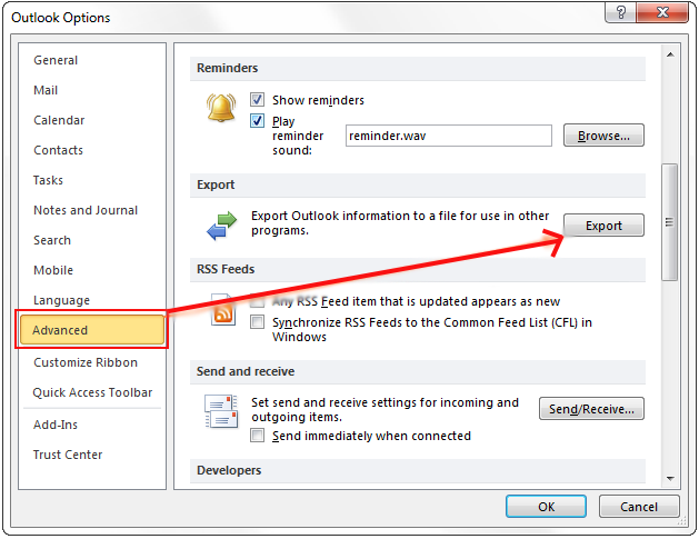 outlook 2010 export option