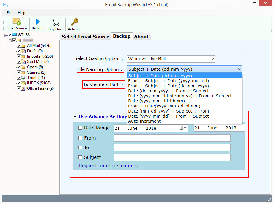 advance filter in email backup software