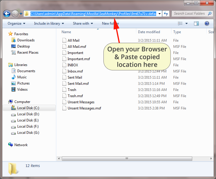 seamonkey paste location in folder