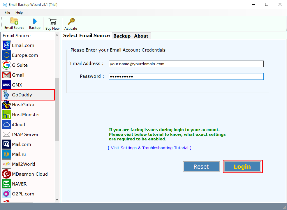 select godaddy email application