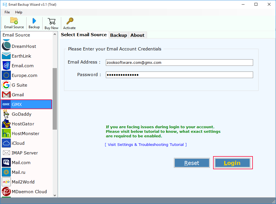 email backup wizard - select gmx app