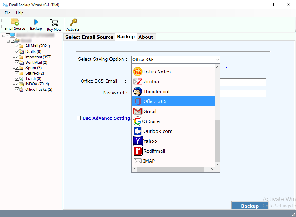 email backup wizard select office 365