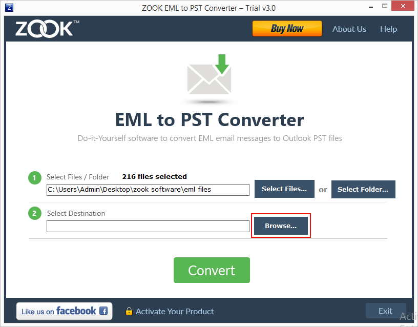 eml to pst - choose saving location