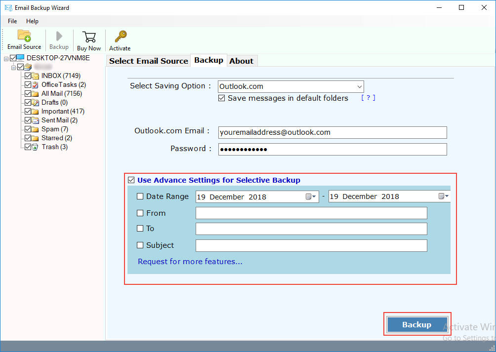 choose outlook.com as saving option