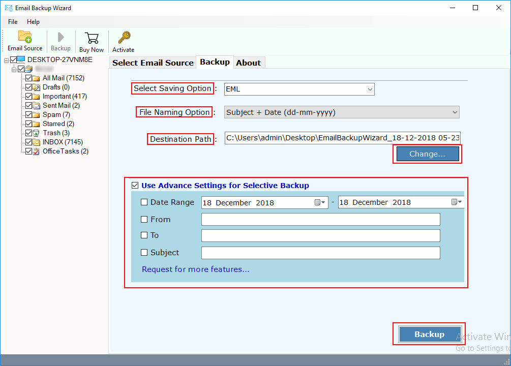 saving options in email backup wizard