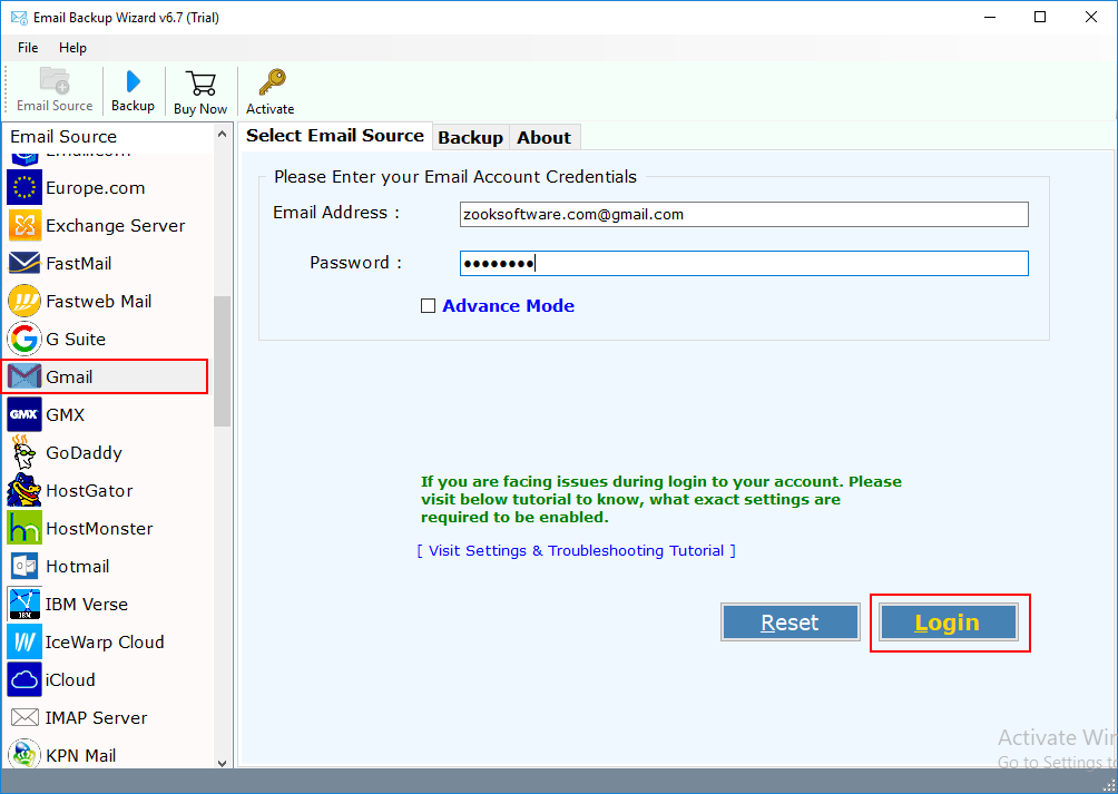 select gmail application in email backup wizard