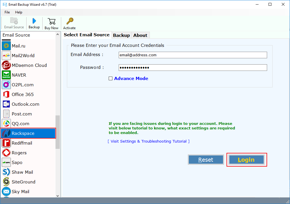 select rackspace email application