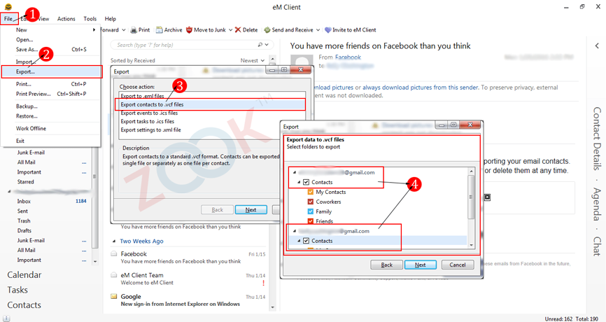 export contacts from eM Client