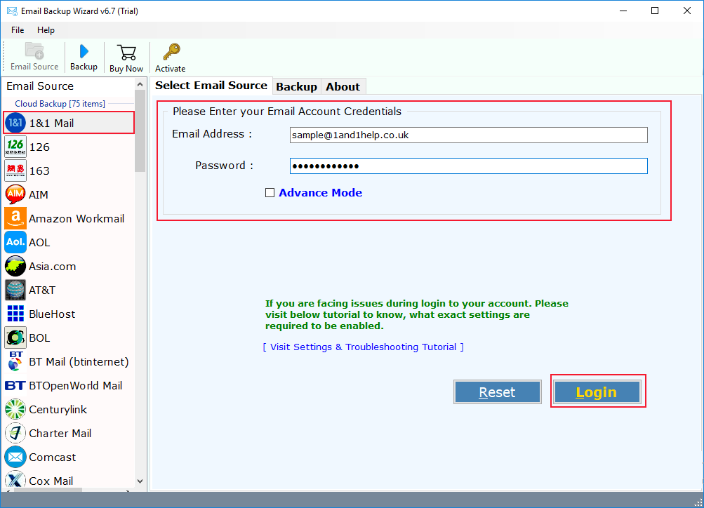 select 1&1 mail option from tool