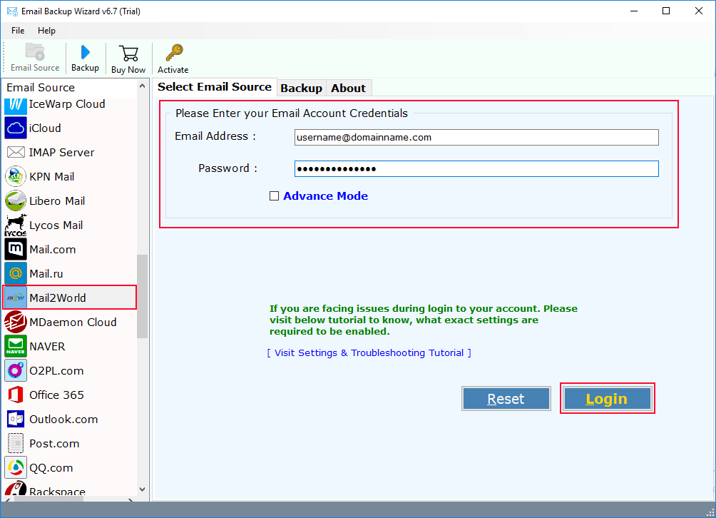 select mail2world application