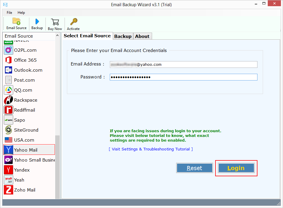 select yahoo mail option