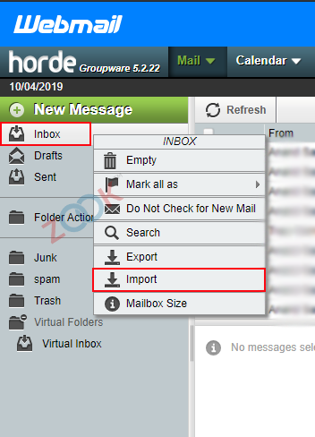 import option in horde mail