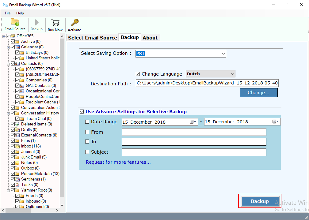 filter in Rediffmail backup tool