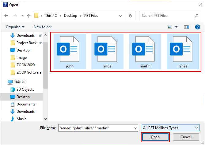 choose pst files from computer