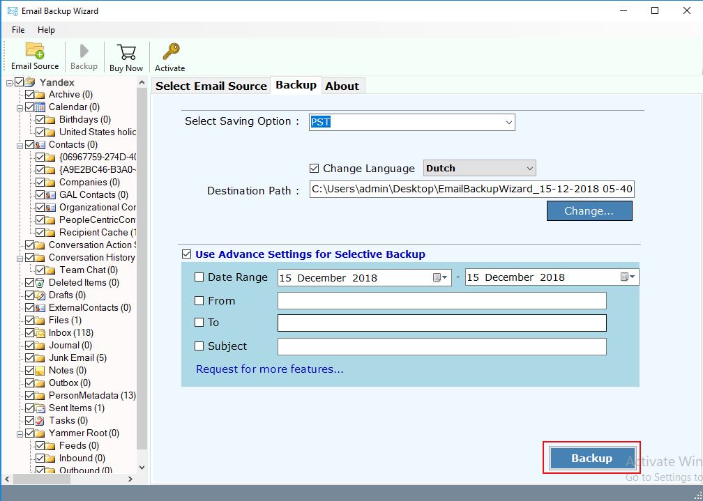 filter in Yandex Mail backup tool