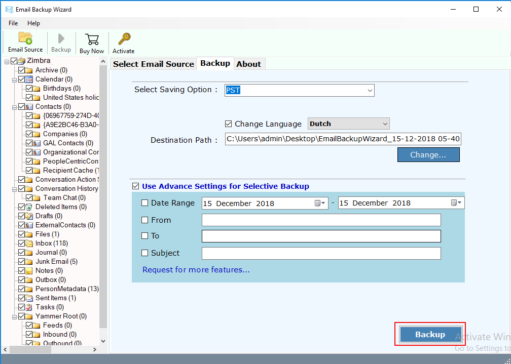 filter in Zimbra Mail backup tool